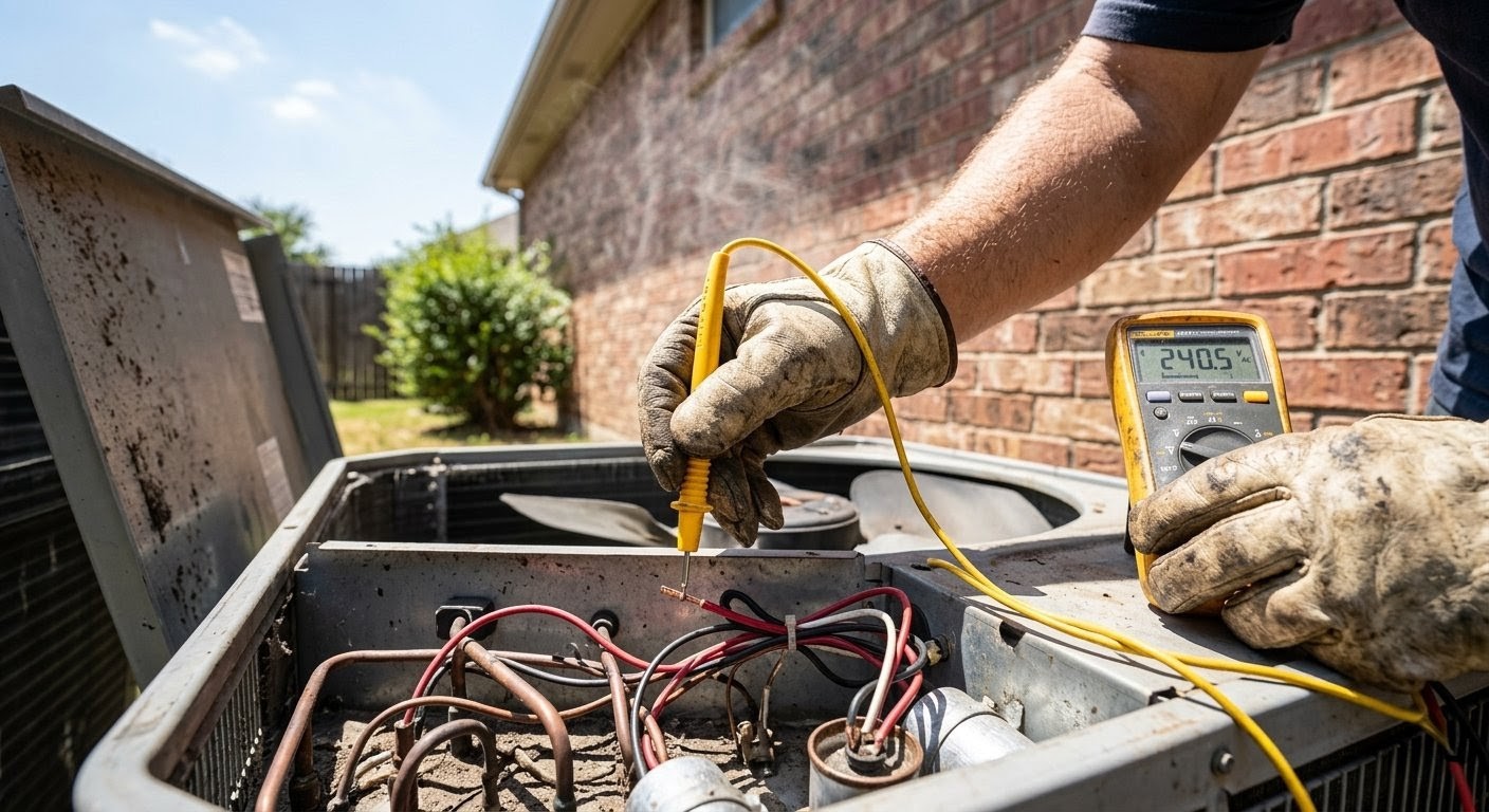 HVAC technician servicing outdoor condenser unit on a summer day